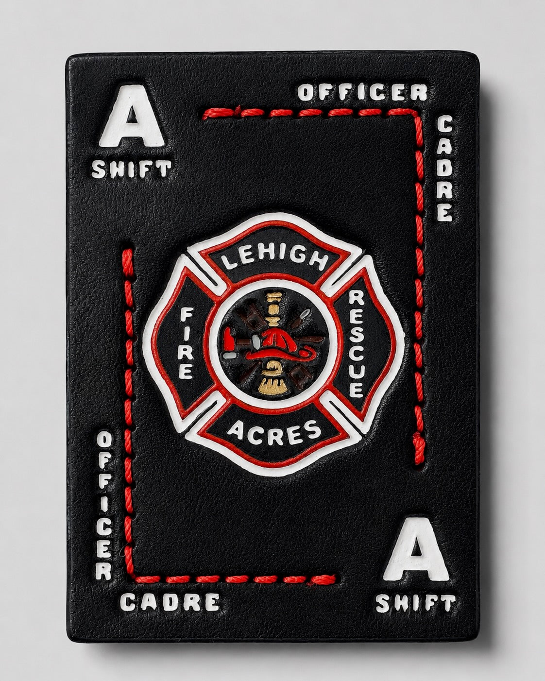 Lehigh Fire Rescue Acres patch on a black card with text